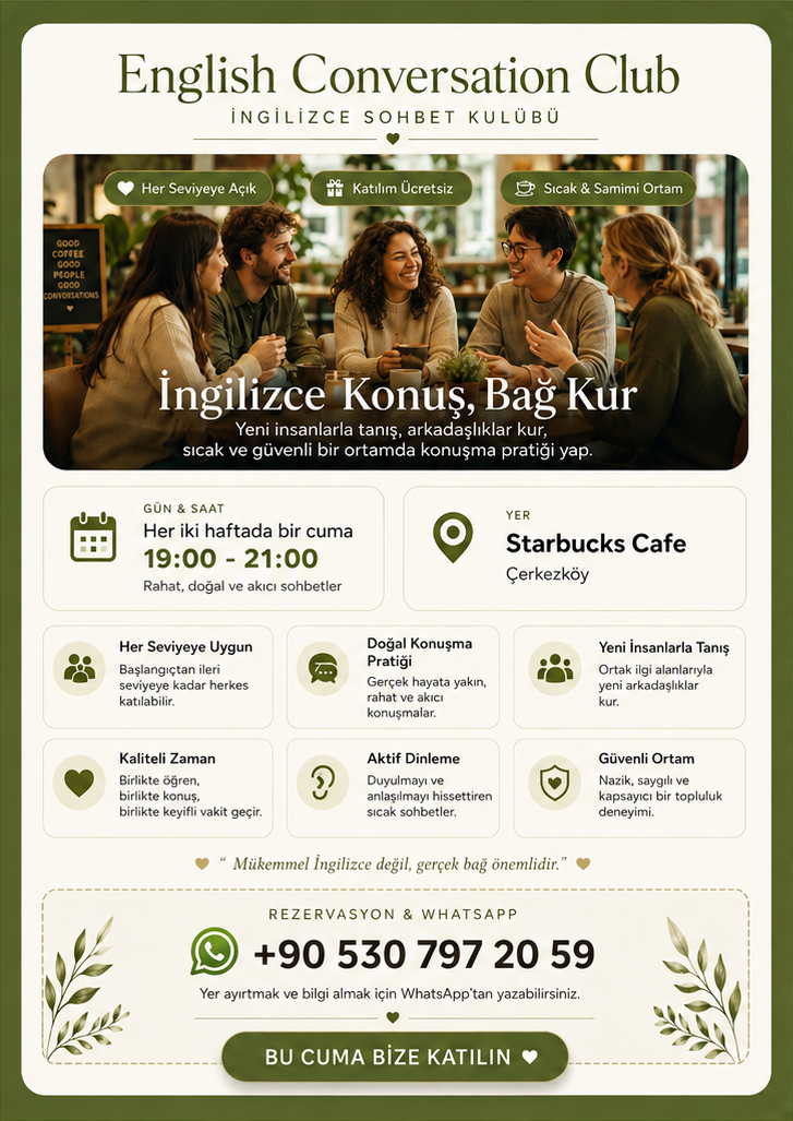 English Conversation Club afişi — her iki haftada bir cuma 19:00-21:00, Starbucks Cafe Çerkezköy, katılım ücretsiz.
